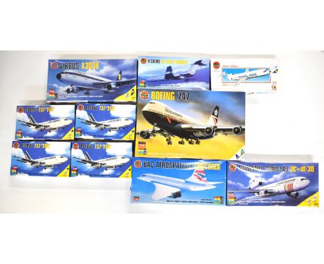 Ten Airfix 1:144 scale plastic model aeroplane kits to include Boeing 747 08174, BAC Aerospatiale Concorde 06182, Boeing 737-