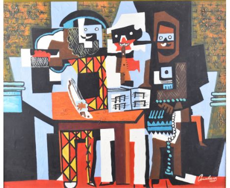 Manner of Picasso oil on canvas abstract portrait of a group of musicians, indistinctly signed lower right 50 x 60cm, in gilt