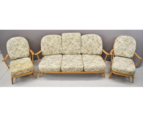 Ercol mid century modern light elm suite of furniture comprising sofa and two armchairs with removable cushions, the sofa W17