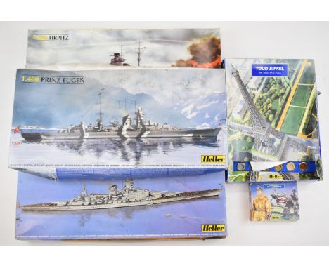 Five Heller scale plastic model kits comprising three 1:400 scale battleships and two others, all in original boxes.