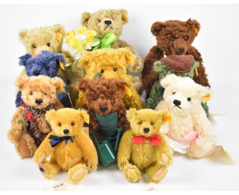 Eleven Steiff Teddy bears, each with original tags and button in ear to include Golden Jubilee 2002, 660740, tallest 34cm