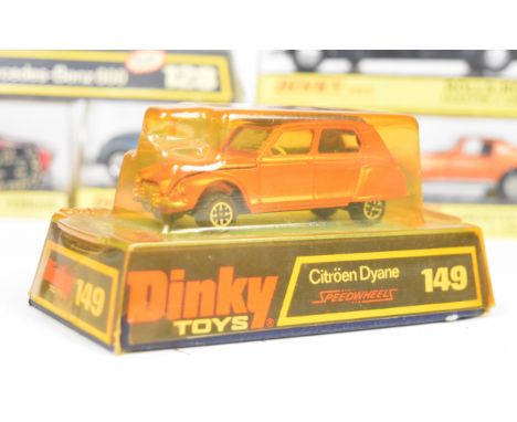 Six vintage Dinky Toys diecast model cars comprising Citroen Dyane 149, Volkswagen 1300 Sedan 129, Ford Escort Panda Police C