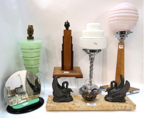 An assortment of Art Deco table lamps and a mirror (6) Condition Report: ll in good condition except swan lamp missing shade.