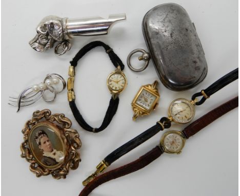 A ladies vintage Tudor watch, a hunting whistle in the shape of a dog, and other items Condition Report: Not available for th