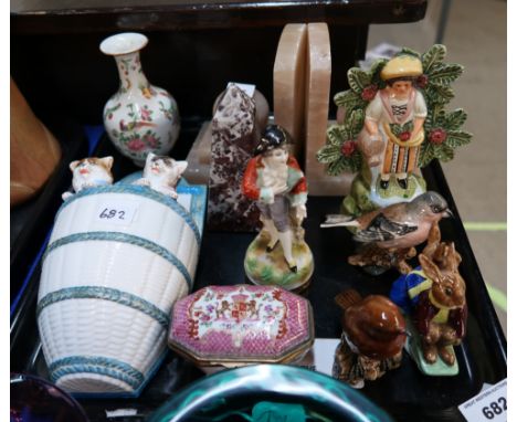 A French ceramic wall pocket modelled as two kittens in a basket, a Canton vase, a Samson porcelain style box and cover and o