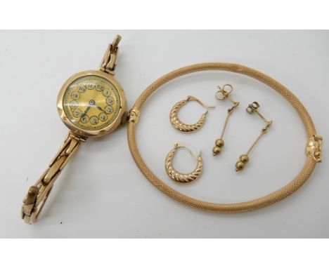 A 9ct gold bangle, 9ct ladies vintage watch and strap, earrings etc, weight approx including watch mechanism 23.3gms Conditio