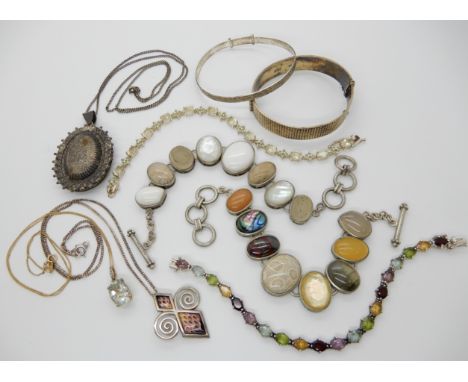 A Sheila Fleet silver and enamel pendant, Victorian white metal locket, silver gem set bracelets  and other items Condition R