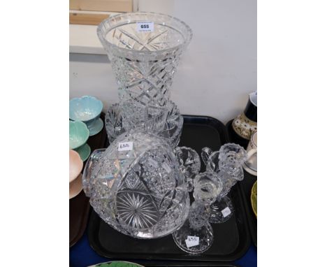 A collection of cut glass and crystal including a basket, vase, bowl, candlesticks etc Condition Report: Available upon reque