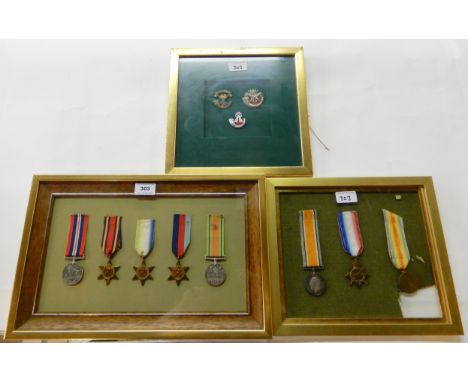 A lot comprising a mounted and framed WWI group of three to 7917 Private W. Levers, Devon R., a mounted and framed WWII group