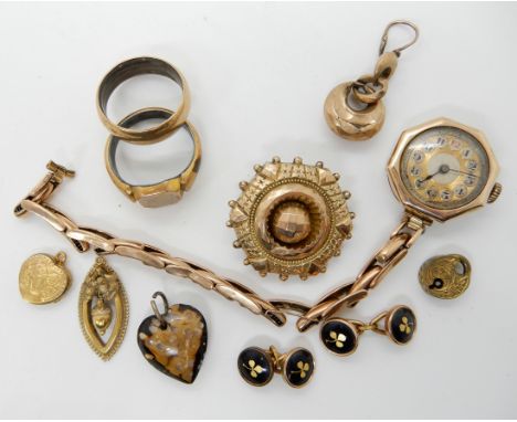 A 9ct gold ladies vintage watch weight including mechanism 19.3gms, a 9ct gold Victorian brooch weight 5.8gms, and other item