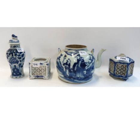 Two Chinese cricket cages, a miniature blue and white vase and a teapot, lacking lid Condition Report: Available upon request