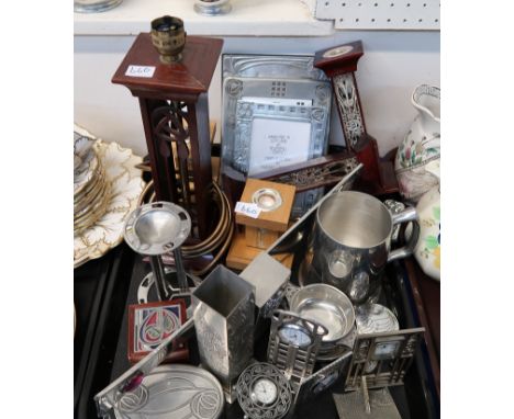 A collection of Mackintosh style metal and wood items including candlesticks, table lamp, vases, clocks etc Condition Report: