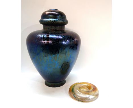 A large Royal Brierley iridescent glass lamp base (no workings) and a Scottish Borders Art glass tealight holder Condition Re