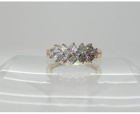 A 9ct gold princess cut diamond cluster ring set with estimated approx 0.29cts of diamonds, finger size L1/2, weight 2gms Con
