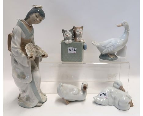 Nao figure of a Geisha, kittens in a box and three geese figures (5) Condition Report: Available upon request