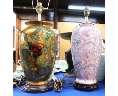A fruit painted glass table lamp and another table lamp in shades of pink and blue, both 43cm high Condition Report: Availabl