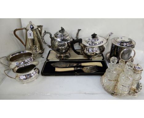A tray lot of EP - teapot, tea service, biscuit barrel, cruet stand etc Condition Report: Available upon request