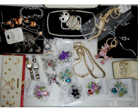 A poodle and crocodile key ring, brooches watches etc Condition Report: Not available for this lot