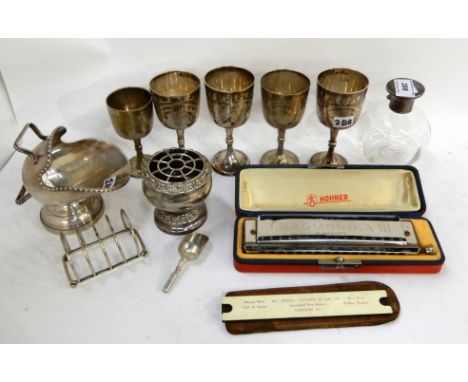 A tray lot - scent bottle, goblets, toastrack, Hohner harmonica etc Condition Report: Available upon request