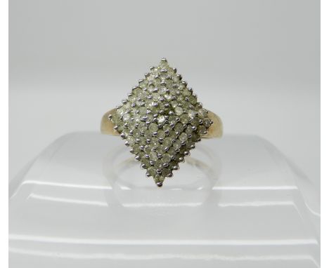 A 9ct diamond cluster ring set with estimated approximately 1ct of eight cut diamonds, finger size P1/2, weight 3.3gms Condit
