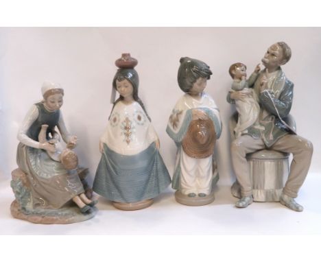 Three Nao figures including a mother and child, a pair of figures of children and a grandfather and child and a Lladro figure