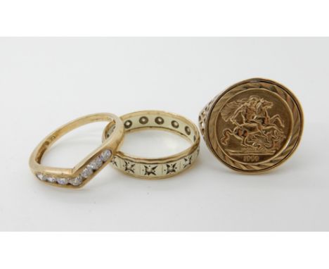 A 9ct clear gem and eternity ring size R, a 9ct clear gem set herringbone ring size O and a 9ct faux coin ring size O, combin