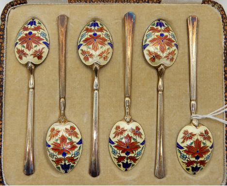 A cased set of six silver and floral enamel coffee spoons, Birmingham marks Condition Report: Available upon request