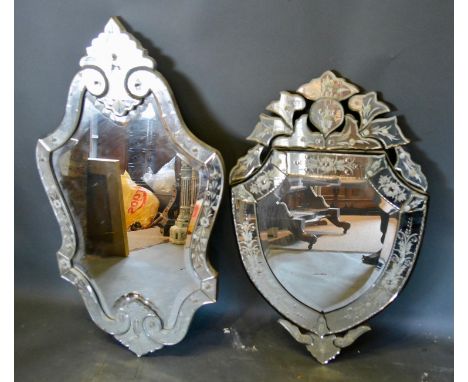 A Venetian Glass Wall Mirror of shaped form, 93 x 55cm, together with another similar, 78 x 47cm 
