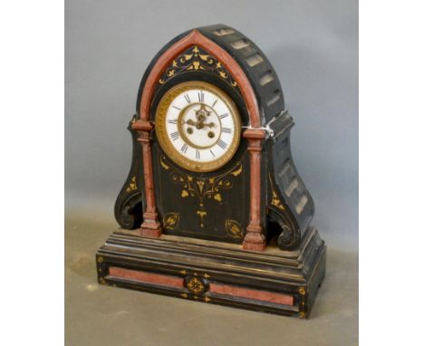 A Victorian Black Slate and Rouge Marble Mantel Clock, the enamel dial with visible escapement and two train movement, 54cm t