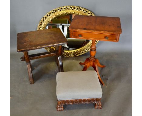 An Oval Gilt Framed Wall Mirror, together with a small rectangular footstool, an oak stool and a work table 