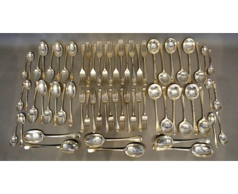 A Sheffield Silver Rat Tail Canteen of Flatware comprising 12 dinner forks, 12 dessert forks, 12 soup spoons, 12 dessert spoo