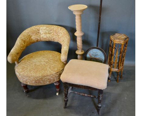 A Victorian Tub Shaped Chair, together with a turned torchere, a fire screen, a bamboo occasional table and an adjustable pia