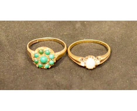 A 9 Carat Gold Dress Ring, turquoise cluster within a pierced setting, together with a gold dress ring with cabochon opal fla