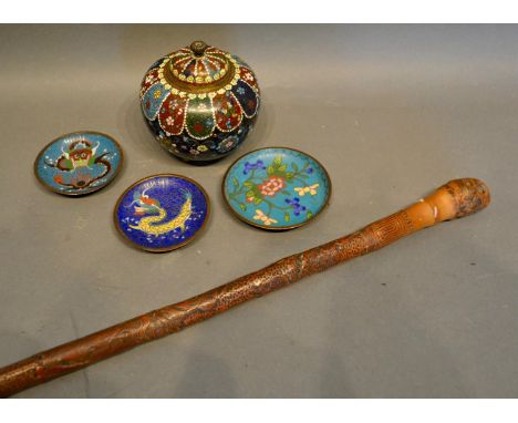 A Cloisonne Enamel Ginger Jar, together with three cloisonne pin trays and an Oriental carved walking stick 