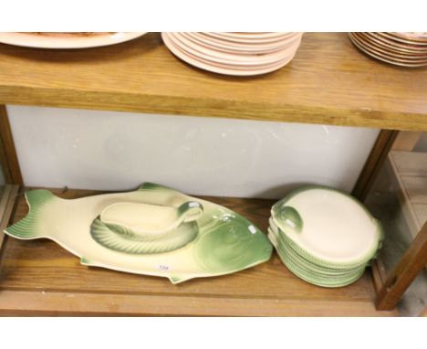 Vintage set of French ceramic Fish serving and dinner plates with sauce boat, all designed as Fish.&nbsp;
