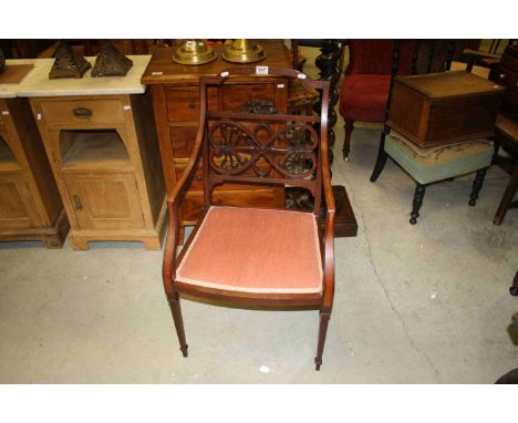Edwardian Mahogany Elbow Dining chair with Cross-Banding and Ebony Inlay, the back with Ribbon Carved Splat together with a P