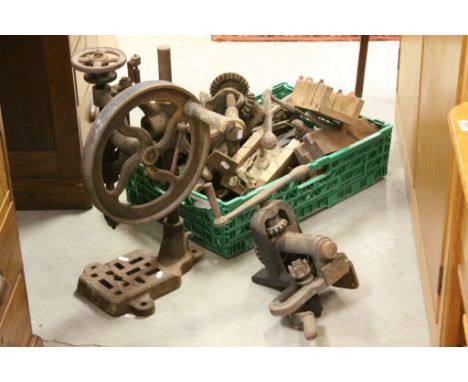 Collection of vintage tools to include Pillar Drill, wood planes, hammers, Floor Board Clamps, etc
