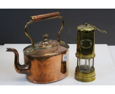 Vintage Copper Kettle and a Brass Miners lamp with Hockley maker plate