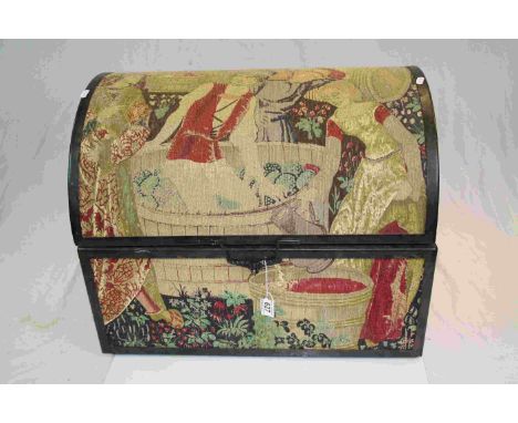 Domed Top Trunk covered in a Tapestry Style Fabric depicting an 18th centurty Wine Making Scene, 62cms long x 50cms high