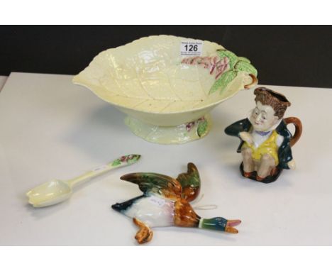 Carlton Ware ceramic salad bowl with serving fork, a Beswick wall plaque flying Duck and a Burleigh Ware "Pecksniff" Toby jug