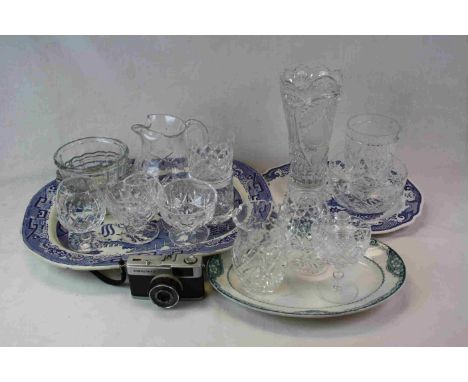 Two boxes of mixed ceramics and glass to include a large vintage blue and white Willow pattern Meat plate, camera, cut glass 