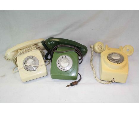 Three vintage Telephones, one in Green the other two Cream