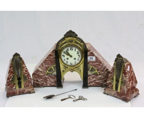 French Art Deco Marble &amp; Brass Mantle clock with Garnitures, pendulum &amp; keys