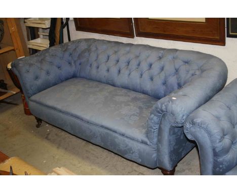 Victorian Chesterfield Sofa with Blue Button Back Fabric Upholstery raised on Turned Wooden Legs with Castors, approx. 200cms