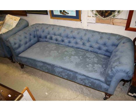 Victorian Chesterfield Sofa with Blue Button Back Fabric Upholstery raised on Turned Wooden Legs with Castors, approx. 200cms