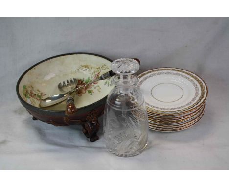 Cut glass Decanter, 19th Century Salad Bowl with servers by Wedgwood  and Twelve Gold Coloured Tea Plates