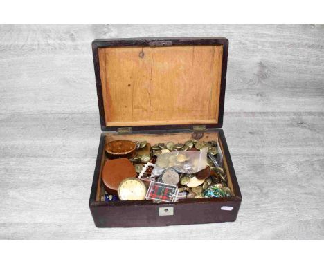 Wooden Box of Mixed Collectables to include Buttons, Enamel Boxes, Snuff Boxes, Vintage Costume Jewellery, etc