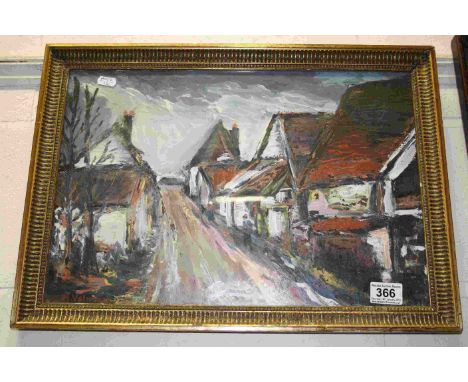 Vintage Oil Painting on Board Village Street Scene signed M. Valminck
