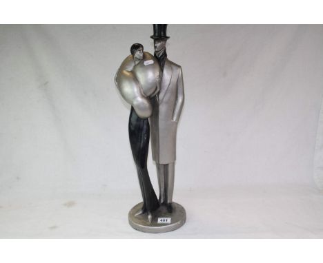 Austin Sculpture Art Deco style Male &amp; Female, with silver and black finish, signed "Le Clerc"