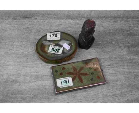 Vintage Middle Eastern White Metal Cigarette case with Enamel floral detailing, Agate ashtray &amp; a carved African Bust